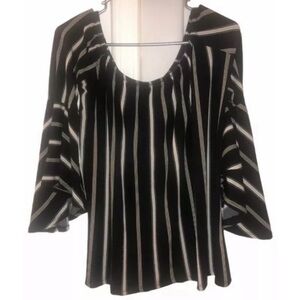 Harlow & Rose Black Beige White Striped Blouse Flare Bell Sleeves Ladies Small